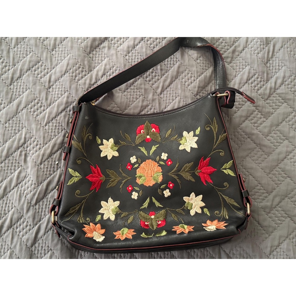 Vintage Adrienne Vittadini Black Leather Purse Shoulder Bag Embroidered Flowers